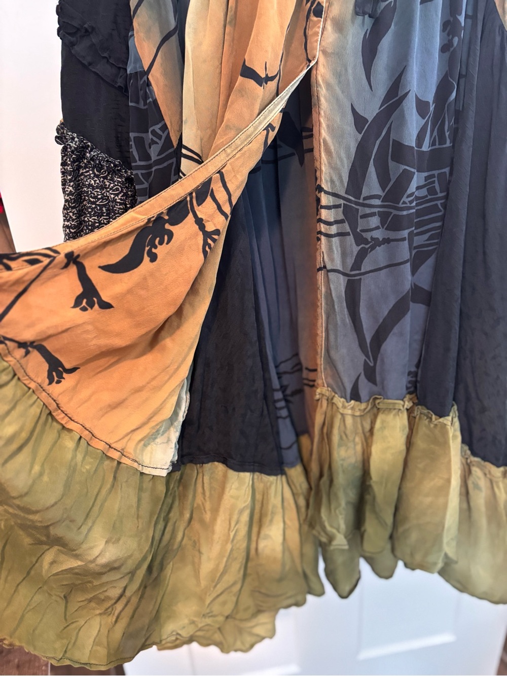 Kantha Bae Boho Mixed-Panel Long Sleeve Dress in Black, Olive & Gray - Picture 2 of 7